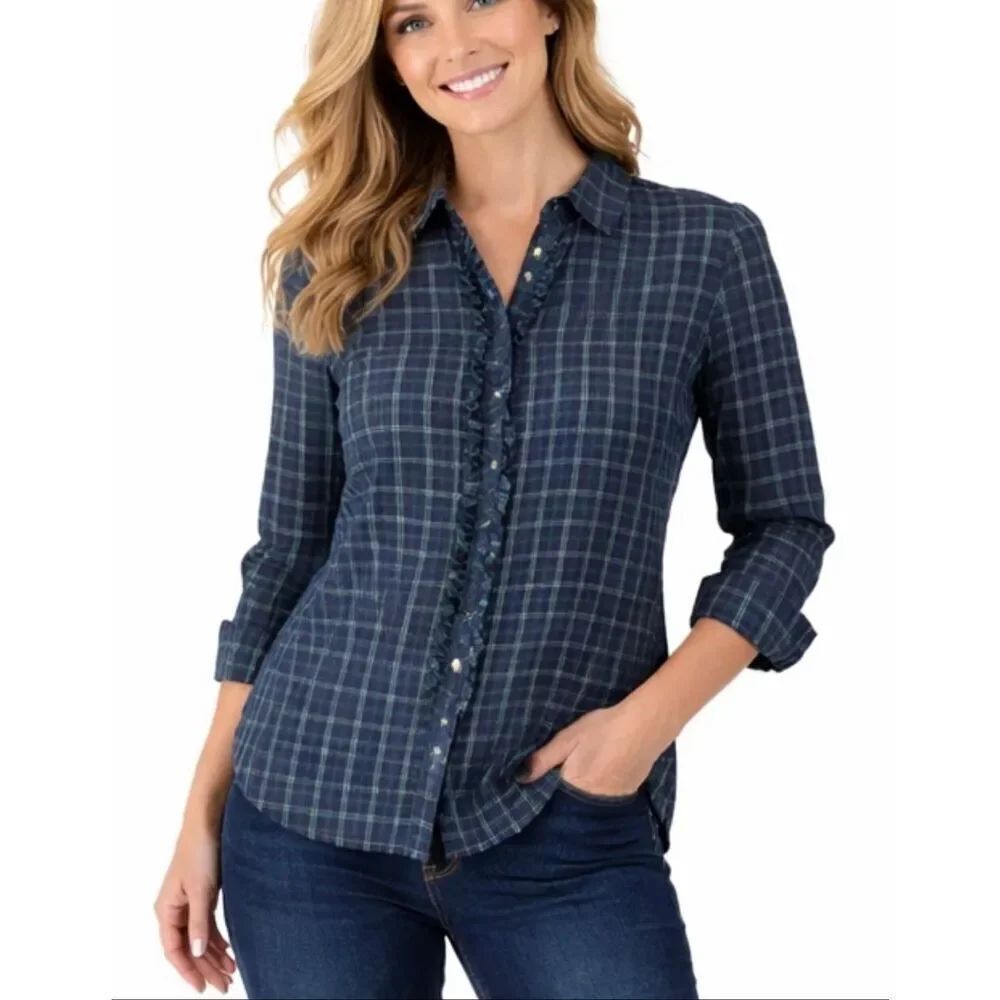 L.l. Bean plaid ruffled button down size small